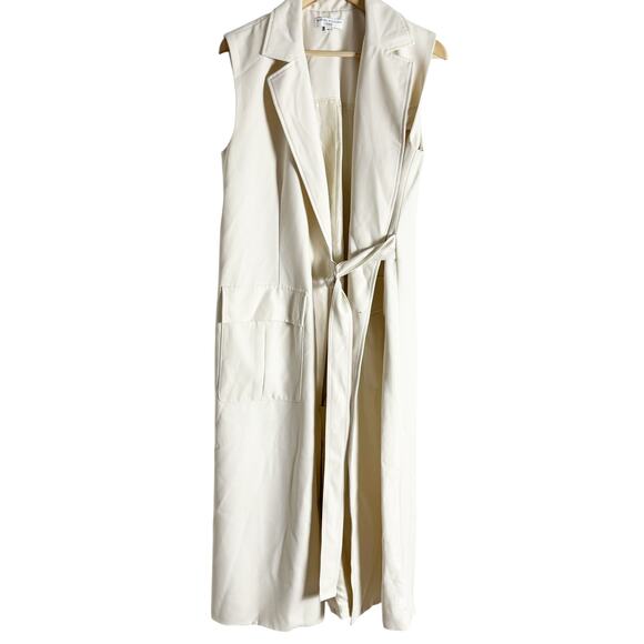 Marina Moscone Cream Long Belted Wrap Vest Trench Coat Size Medium - Picture 6 of 16